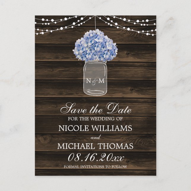 Rustic Hydrangea Mason Jar Barn Wood Save the Date Ankündigungspostkarte (Vorderseite)