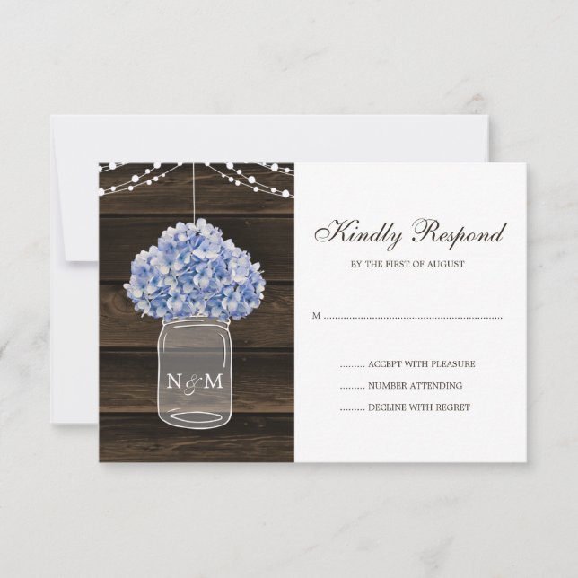 Rustic Hydrangea Mason Jar Barn Wood Wedding RSVP Karte (Vorderseite)