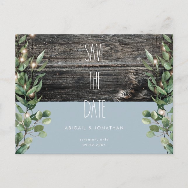 Rustic Icy Blue Foliage Wedding Save the Date Postkarte (Vorderseite)