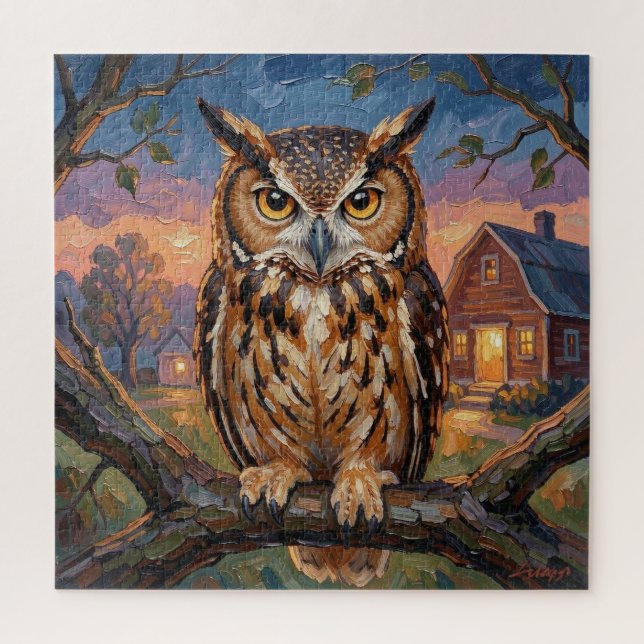 Rustic Impasto Great Horned Owl  (Vertikal)