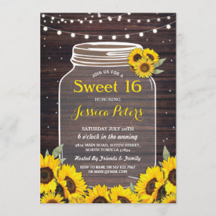 Rustic Jar Sweet 16 Party Wood Sunflower Fireflies Einladung