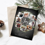 Rustic Joy Wreath | Multi Foto Collage Weihnachten<br><div class="desc">Ein festliches Urlaubskartendesign mit acht Fotos, die in einem runden Kranzgeflecht mit grünem Blattwerk, Pinienbäumen und roten, holzigen Beeren auf rustikalem Chalkboard-Hintergrund angeordnet sind. "Joy" erscheint in der Mitte in weißer Hand mit Schriftzeichen mit Schreibschrift. Personalisieren Sie dieses einzigartige Foto Collage Design mit Ihren individuellen Weihnachtsgrüßen und Namen am Ende....</div>