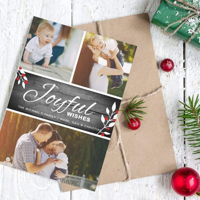 Rustic Joyful wünscht Foto Collage Feiertagskarte (Rustic Joyful Wishes Photo Collage Holiday Card)
