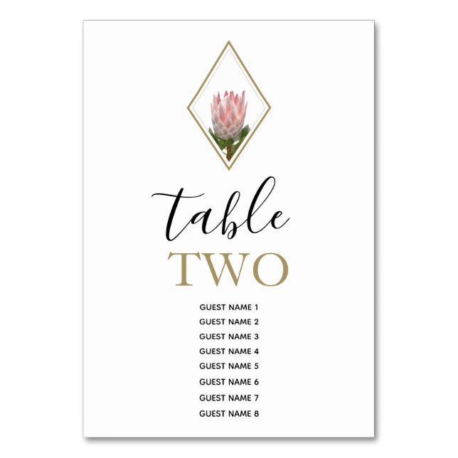 Rustic King Protea Wedding Guest Names Tischnummer (Vorderseite)