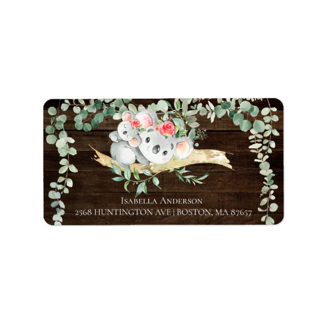 Rustic Koala Bear Baby Girls Dusche Adressetikett (Vorne)