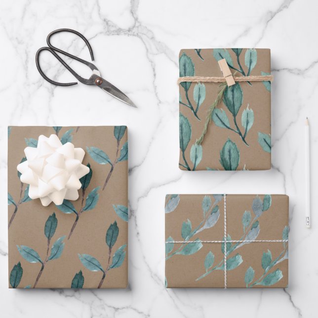 Rustic Kraft Aquamarin Blue Green Winter Leaf Gree Geschenkpapier Set (Vorderseite)