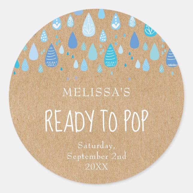 Rustic Kraft Baby Blue Raindrops Bereit zum Pop Runder Aufkleber (Vorderseite)