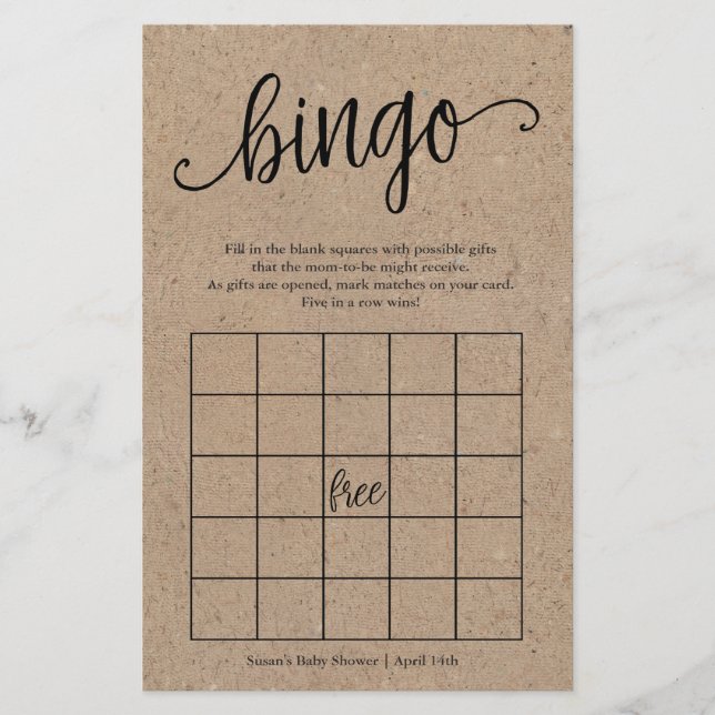 Rustic Kraft Baby Showbingo, Paper Game Card Flyer (Vorne)