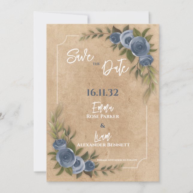 Rustic Kraft Blue Floral Wedding Save the Date (Vorderseite)