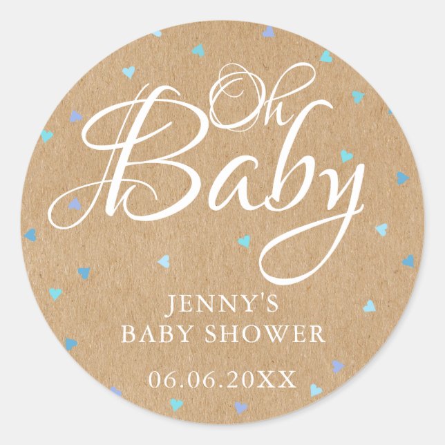 Rustic Kraft Blue Hearts Oh Baby Dusche Runder Aufkleber (Vorderseite)