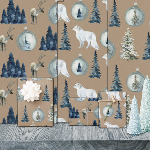 Rustic Kraft Blue Spruce Tree Arctic Fox Reindeer Geschenkpapier Set