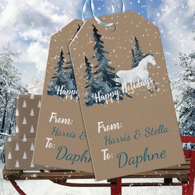 Rustic Kraft Blue Spruce Woodland Weißes Pferd Geschenkanhänger (Rustic Kraft Blue Spruce Woodland White Horse Christmas Holiday Gift Wrapping Name Tag)