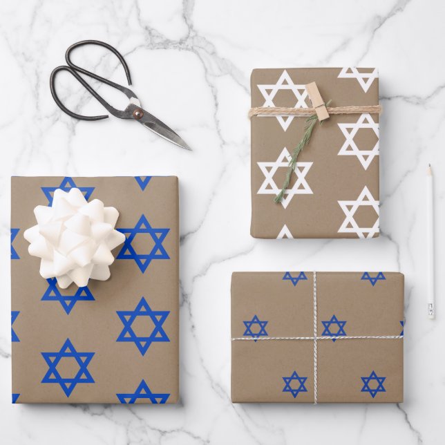 Rustic Kraft Blue & White Star von David Geschenkpapier Set (Vorderseite)
