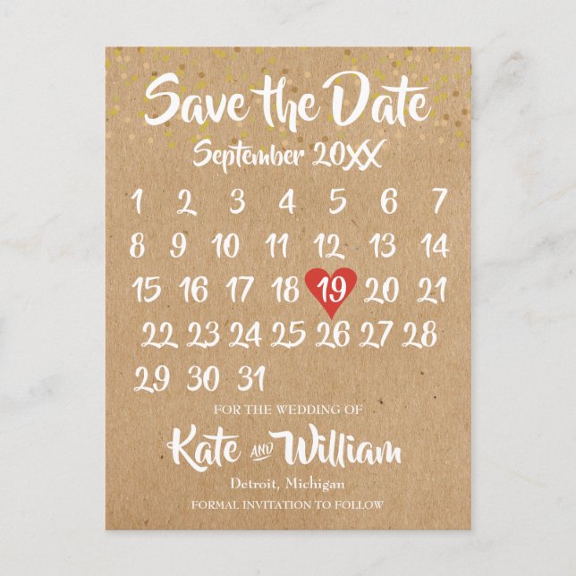 Rustic Kraft Boho Calendar Save the Date Foto Ankündigungspostkarte (Vorderseite)