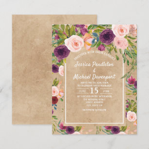 Rustic Kraft Boho Plum Blush Bloral Wedite Einladu Einladung