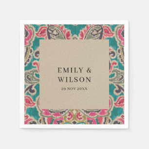 RUSTIC KRAFT BOHO TRIBAL IKAT PINK AQUAMARIN WEDD SERVIETTE