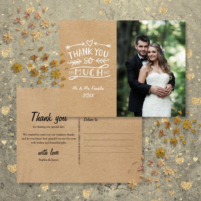 Rustic Kraft Boho Wedding Foto Danke Postcard Postkarte (Rustic Kraft Boho Wedding Photo Thank You Postcard)