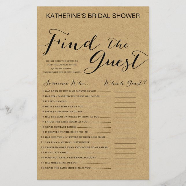 Rustic Kraft Brautparty Game DRUCKT (Vorderseite)