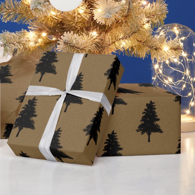 Rustic Kraft Brown Black Christmas Tree Pattern Geschenkpapier (Feiertage)