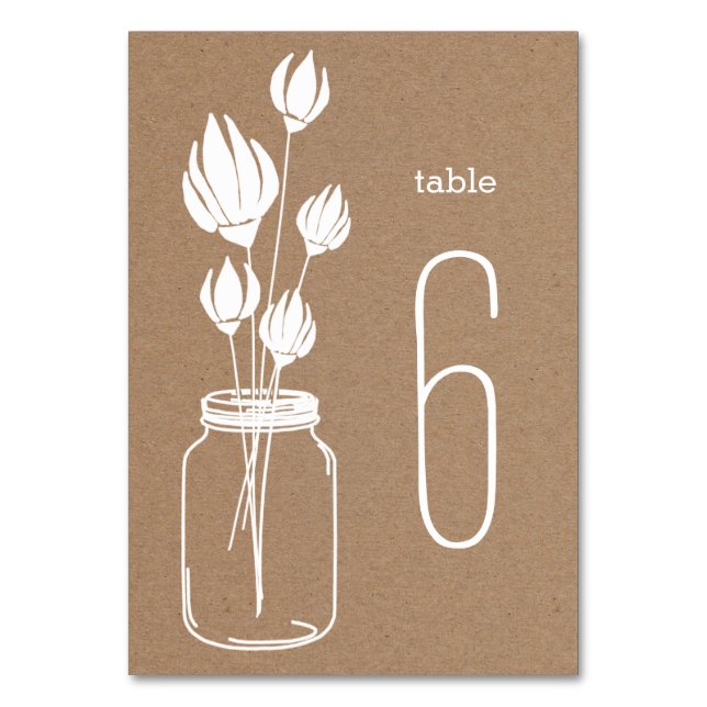 Rustic Kraft Brown Paper Masonjar Blumenzange Tischnummer (Vorderseite)