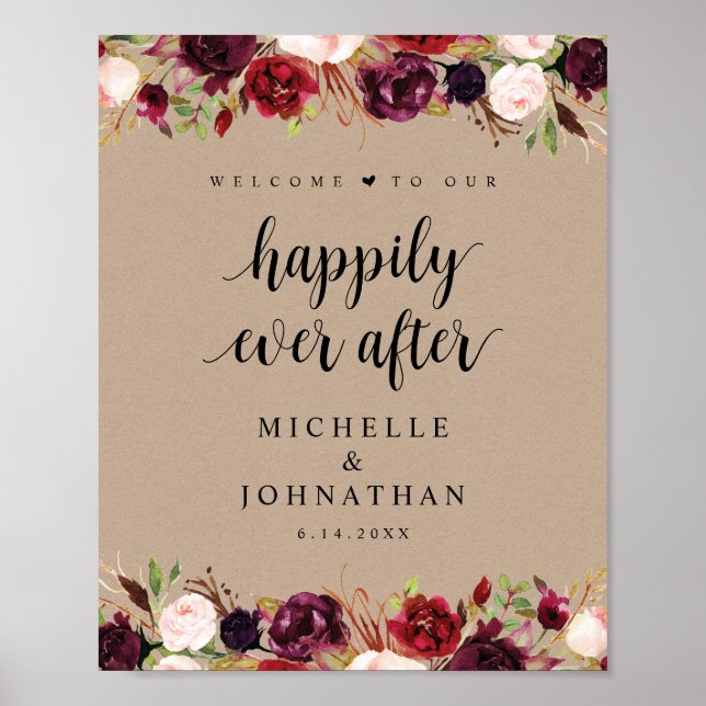 Rustic Kraft Burgundy Floral Wedding Welcome Post Poster (Vorne)