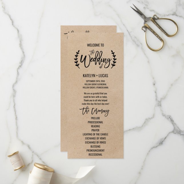 Rustic Kraft Calligraphy Memorial Wedding Program Programm (Vorderseite/Rückseite Beispiel)