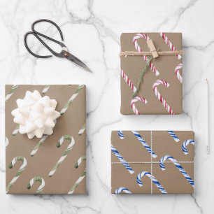Rustic Kraft Christmas Candy Canes Geschenkpapier Set
