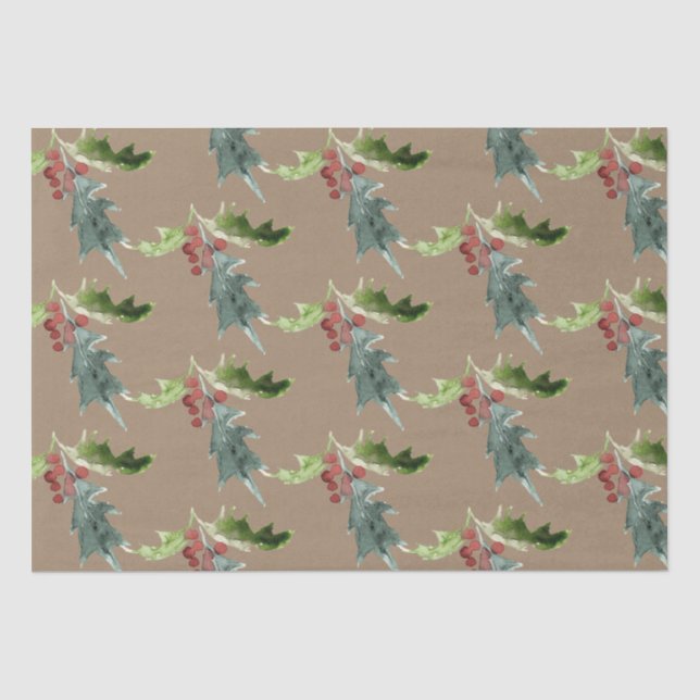 Rustic Kraft Christmas Floral Holly Red Berries Seidenpapier (Vorderseite)