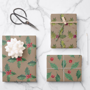 Rustic Kraft Christmas Holly & Berries Geschenkpapier Set