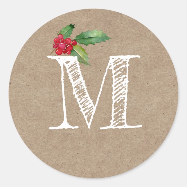 Rustic Kraft Christmas Holly Monogram Initial Runder Aufkleber (Vorderseite)
