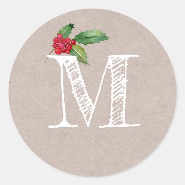 Rustic Kraft Christmas Holly Monogram Initial Runder Aufkleber (Vorderseite)