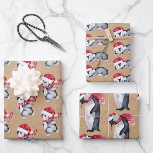 Rustic Kraft Christmas Penguins Geschenkpapier Set (Vorderseite)