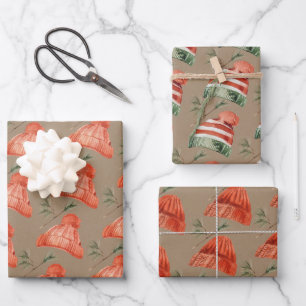 Rustic Kraft Christmas Red Green Woll Tuque Hits Geschenkpapier Set