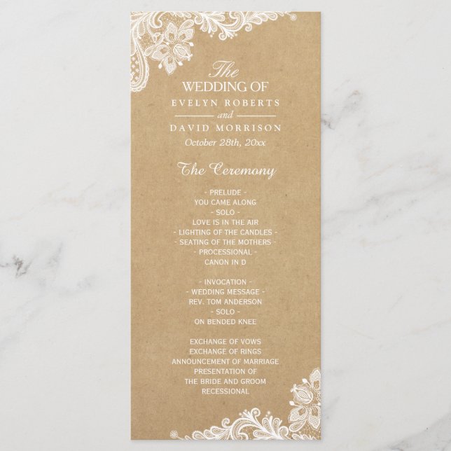 Rustic Kraft Classy White Lace Wedding Program Programm (Vorderseite)