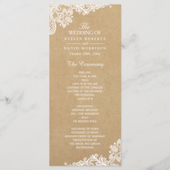 Rustic Kraft Classy White Lace Wedding Programme (Devant)