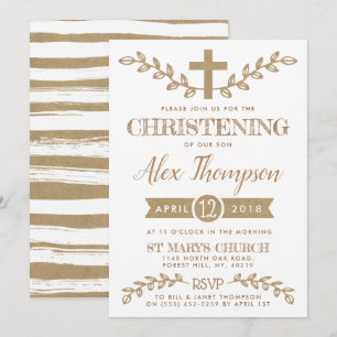 Rustic Kraft Cross & Foliage Christening Einladung