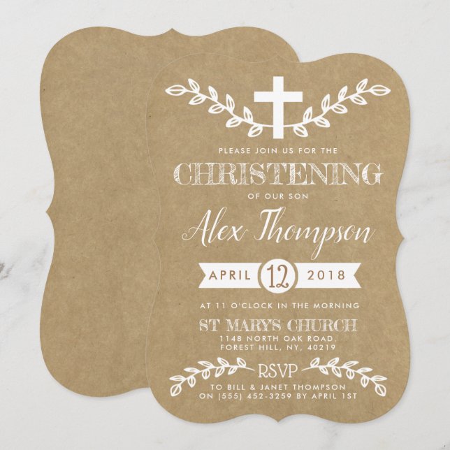 Rustic Kraft Cross & Foliage Christening Einladung (Vorne/Hinten)