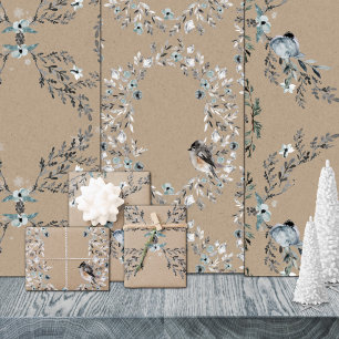 Rustic Kraft Dusty Blue Winter Florals & Birds Geschenkpapier Set