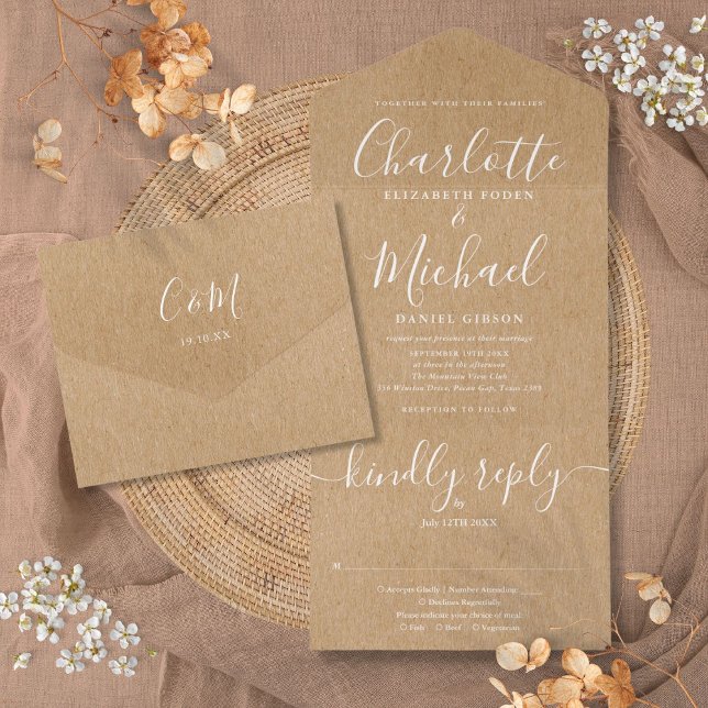 Rustic Kraft Elegant Script Minimalistisch Wedding All In One Einladung (Rustic Kraft Elegant Script Minimalist Wedding All In One Invitation)