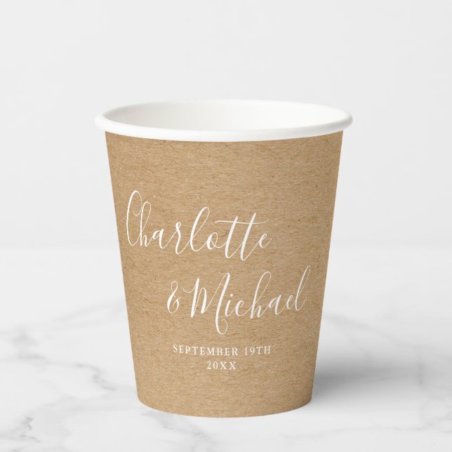 Rustic Kraft Elegant Signature Script Wedding Pappbecher (Vorderseite)