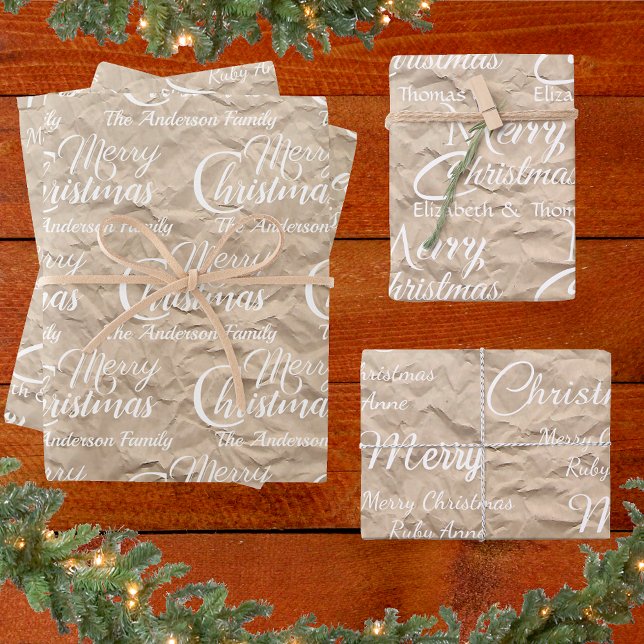 Rustic Kraft Elegant White Script Frohe Weihnachte Geschenkpapier Set (Von Creator hochgeladen)