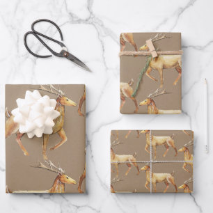 Rustic Kraft Elegante Snowy Gold Reindeer Stag Geschenkpapier Set
