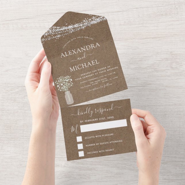 Rustic Kraft Farmhouse Gipskraut Wedding All In One Einladung (Abreißen)