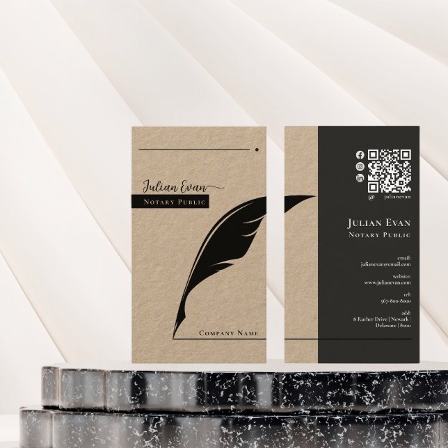 Rustic Kraft Feather pen nib Noary Public Qr code Visitenkarte (Von Creator hochgeladen)