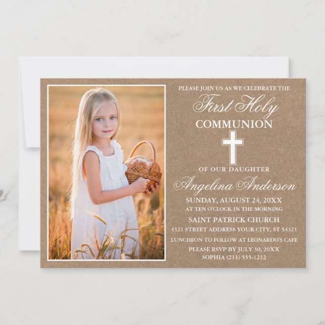 Rustic Kraft First Holy Communion Foto Einladung (Vorderseite)