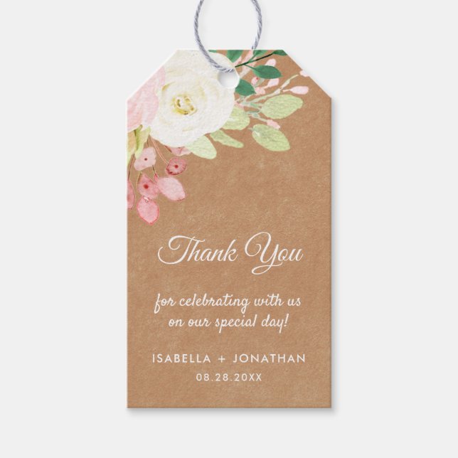 Rustic Kraft Floral Brown Cream Danke Hochzeit Geschenkanhänger (Vorderseite)