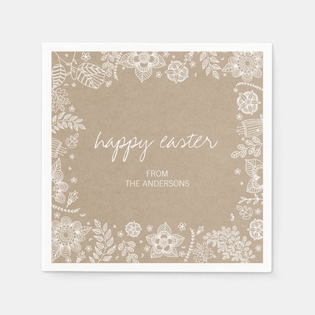 Rustic Kraft Floral Happy Oaster Paper Napkin Serviette (Vorderseite)