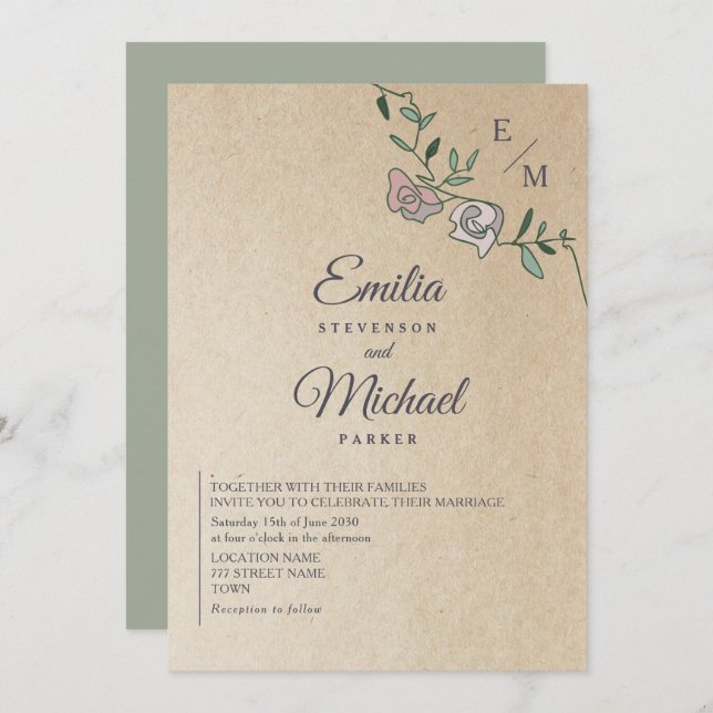 Rustic Kraft Floral Monogram Wedding Einladung (Vorne/Hinten)