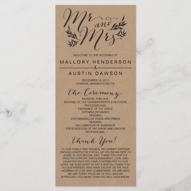 Rustic Kraft Floral Wedding Zeremony Program Programm (Vorderseite)