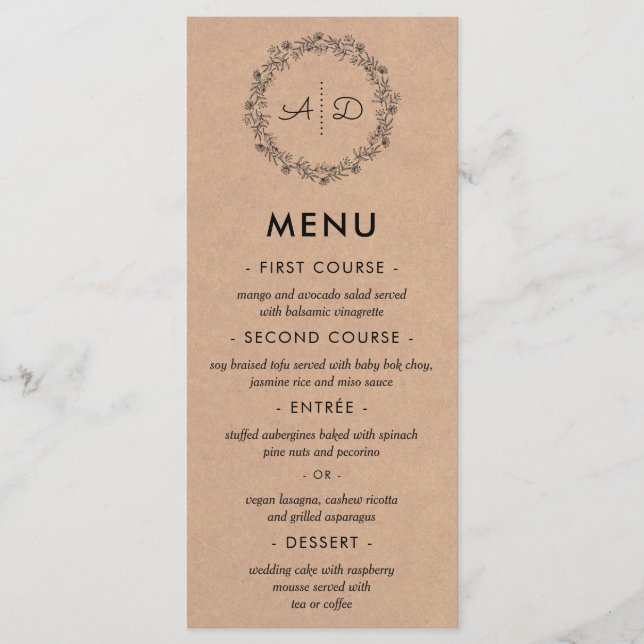 Rustic Kraft Floral Wreath Wedding Menu Menükarte (Vorderseite)